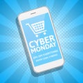 Cyber Monday sale blue background with smartphone. Online shopping concept. E-commerce, retailing, discount theme.