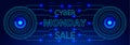 Cyber Monday sale concept on cyberspace with grid. Tiny particles are flowing from sparkles, leaving trails