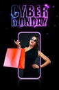 Cyber monday sale concept for shop. Woman with computer isolated on dark background on black friday holiday. Template Royalty Free Stock Photo