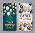 Cyber Monday Sale design concept. A set of vertical banners. Red, white, and black balloons over wooden board Royalty Free Stock Photo