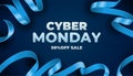 Cyber monday sale design template. Dark banner with blue long ribbon Royalty Free Stock Photo