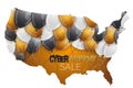 Cyber Monday Sale graphics for advertisement. USA mainland shape with shiny ballons and typography text. America big sale design c