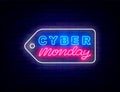 Cyber monday sale neon label. Luminous emblem for shop. Editable stroke. Isolated vector stock illustration