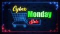 Cyber Monday Sale Neon Sign Advertising With Artistic Neon Light Border Frame Line Against Blue Vintage Brick Wall Background Royalty Free Stock Photo