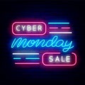 Cyber monday sale neon signboard. Luminous emblem. Shiny label. Isolated vector stock illustration