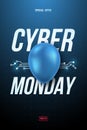 Cyber Monday Sale poster with blue shiny balloon and text.