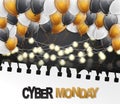 Cyber Monday Sale poster or flyer with shiny balloons, glowing lights garland under torn out shite sheet of paper