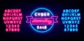 Cyber monday sale retro neon emblem. Luminous signboard with alphabet. Isolated vector stock illustration