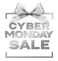 Cyber monday sale silver text write isolated on white gift card with silver ribbon bow
