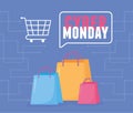 Cyber monday, shopping bags and cart virtual maket