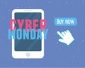 Cyber monday, smartphone clicking buy now button Royalty Free Stock Photo