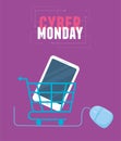 Cyber monday, smartphone inside shopping cart connected mouse