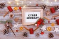 Cyber Monday text in frame on christmas flat lay