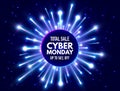 Cyber Monday total sale banner with bright fireworks and sparkles. Blue and violet luminous signboard, nightly advertising. Annual