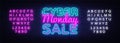 Cyber Monday Vector, discount sale concept illustration in neon style, online shopping and marketing concept. Neon