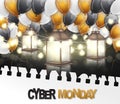 Cyber MondaySale poster or flyer with shiny balloons, glowing lights garland and lanterns with surface reflection under torn out s