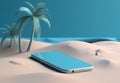 mock holiday sea concept palm up sand phone creative summer cyber. Generative AI.