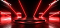 Cyber Neon Alien Sci Fi Triangle Circle Stage Product Showcase Laser Electric Futuristic Vibrant Red Beams Dark Concrete Grunge