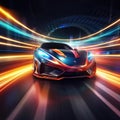 Cyber neon car rushes along the night road with neon lights at high speed. AI Generation Royalty Free Stock Photo