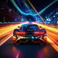 Cyber neon car rushes along the night road with neon lights at high speed. AI Generation Royalty Free Stock Photo