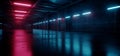 Cyber Neon Purple Blue Red Sci Fi Futuristic Grunge Hangar Retro Warehouse Underground Parking Steel Concrete Cement Tunnel