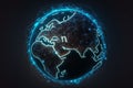 Cyber network with neon dots and lines, global network concept, earth map. Illustration Generative AI Royalty Free Stock Photo
