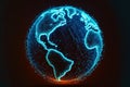 Cyber network with neon dots and lines, global network concept, earth map. Illustration Generative AI Royalty Free Stock Photo
