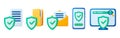 Cyber and office security 3d icons. Yellow data folder and email icon, document with protective shield. Antivirus, web