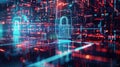 Cyber padlock on abstract dark data background, digital protection of computer information. Concept of lock, secure, privacy, code