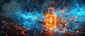 Cyber padlock on abstract dark data background, digital protection of computer information. Concept of technology, lock, secure,