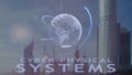 Cyber-physical systems text with 3d hologram of the planet Earth against the backdrop of the modern metropolis Royalty Free Stock Photo