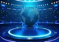 Cyber podium, neon platform. Futuristic digital stage with globe. Technology sci-fi background.