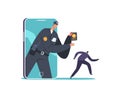 Cyber Police Follow Bulgar, Officer with Badge on Smartphone Screen Catching Robber. Policeman Character Protect Data