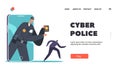 Cyber Police Landing Page Template. Officer on Smartphone Screen Catching Robber. Policeman Protect Private Data