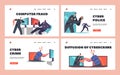 Cyber Police Landing Page Template Set. Policeman Character Catching Robber through Computer or Smartphone Screen