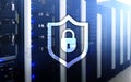 Cyber protection shield icon on server room background. Information Security and virus detection