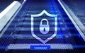 Cyber protection shield icon on server room background. Information Security and virus detection