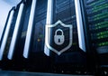 Cyber protection shield icon on server room background. Information Security and virus detection Royalty Free Stock Photo