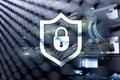 Cyber protection shield icon on server room background. Information Security and virus detection Royalty Free Stock Photo