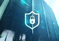 Cyber protection shield icon on server room background. Information Security and virus detection Royalty Free Stock Photo