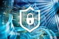 Cyber protection shield icon on server room background. Information Security and virus detection Royalty Free Stock Photo