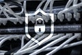 Cyber protection shield icon on server room background. Information Security and virus detection Royalty Free Stock Photo