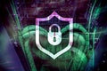 Cyber protection shield icon on server room background. Information Security and virus detection Royalty Free Stock Photo