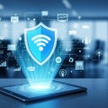 Cyber Protection Shield Illustration on Tablet, Modern Security Technology Concept for Data Safety Royalty Free Stock Photo