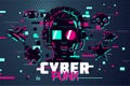 Cyber punk man. Boy gamer portrait. Video games background, glitch style. Male online user avatar. Vector illustration.