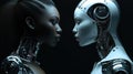 A Cyber Robot Woman And A Regular Woman Confront Each Other