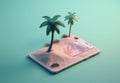 cyber sea concept creative holiday up palm phone sand mock summer. Generative AI.