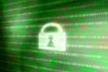 Cyber security access lock on binary matrix green background Internet online data protection. Royalty Free Stock Photo