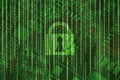 Cyber security access lock on binary matrix green background Internet online data protection. Royalty Free Stock Photo