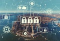 Cyber security with aerial view of NY skyline Royalty Free Stock Photo